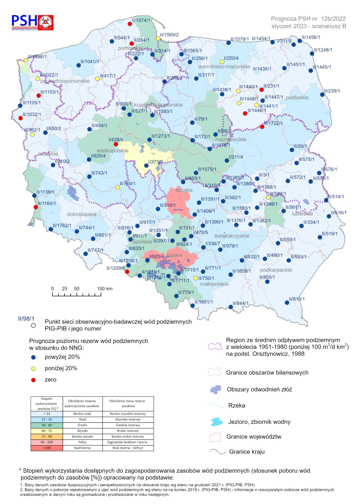 Prognoza poziomu rezerw wód podziemnych na styczeń 2023 r. według scenariusza B w odniesieniu do najniższego zaobserwowanego w wieloleciu położenia zwierciadła wód (NNG)