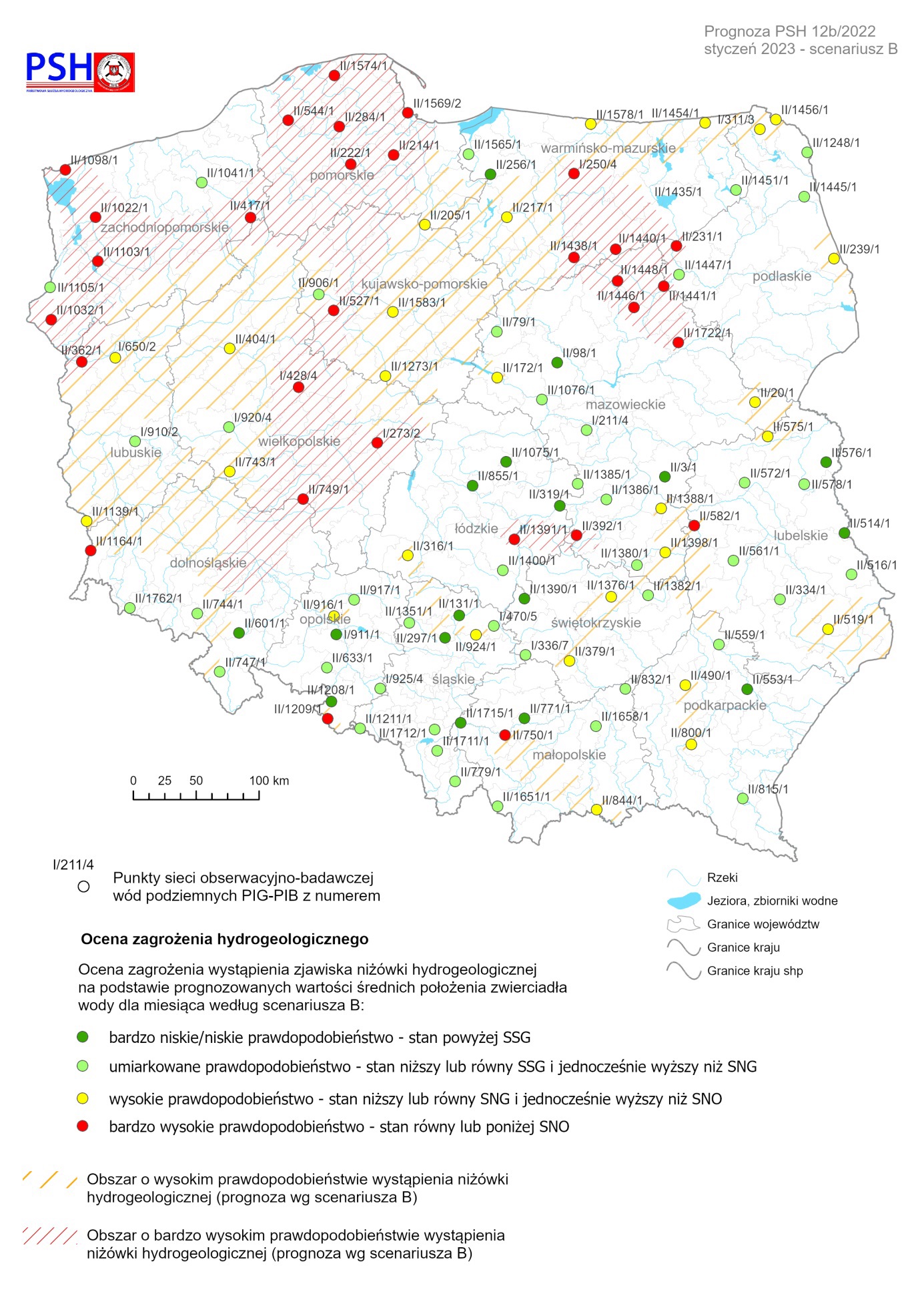 Prognoza zagrożeń wód podziemnych – występowanie niżówki hydrogeologicznej w styczniu 2023 r. według scenariusza B