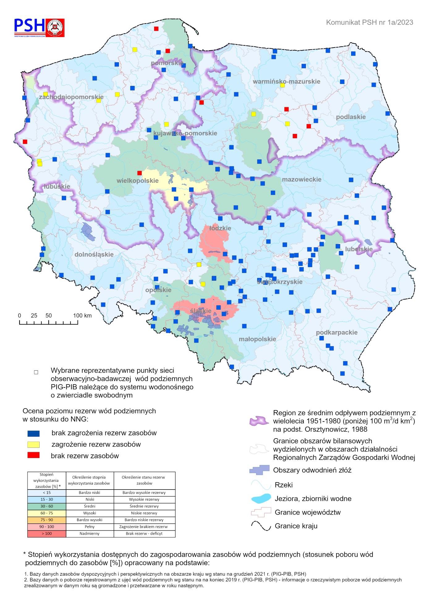 Poziom rezerw zasobów wód podziemnych w grudniu 2022 r. w objętych analizą punktach sieci obserwacyjno-badawczej wód podziemnych