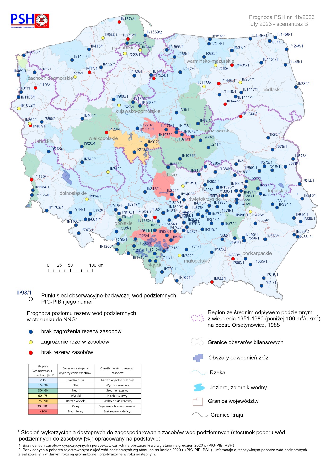 Prognoza zagrożeń wód podziemnych – występowanie niżówki hydrogeologicznej w lutym 2023 r. według scenariusza B