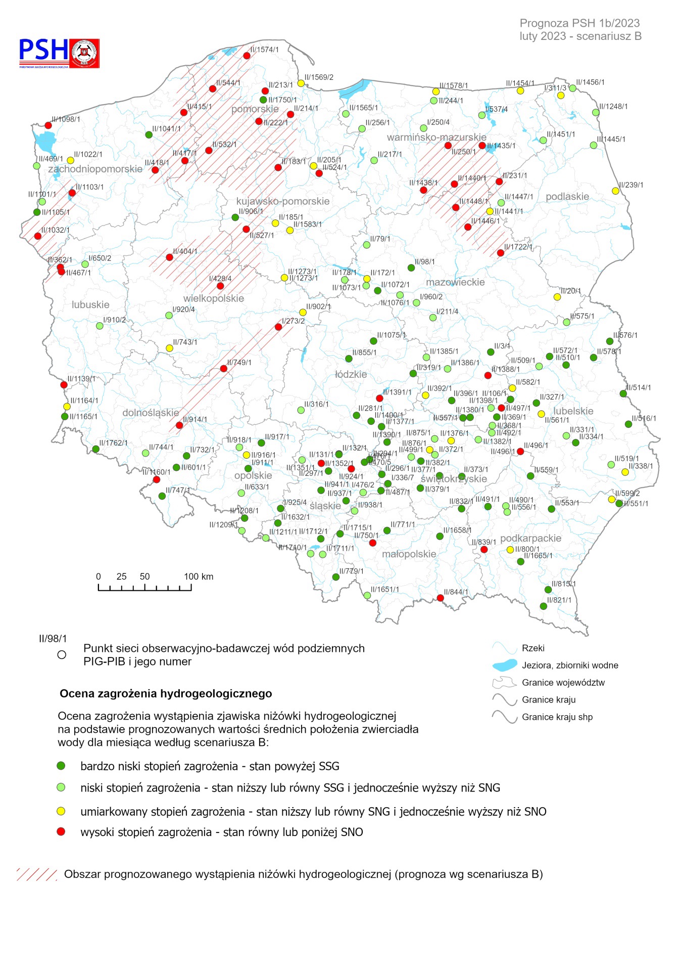 Prognoza zagrożeń wód podziemnych – występowanie niżówki hydrogeologicznej w lutym 2023 r. według scenariusza B
