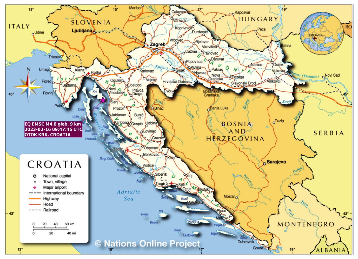 Lokalizacja epicentrum trzęsienia ziemi o magnitudzie M4.8 z dnia 16/02/2023 r., godz. 09:47:46.2 UTC w regionie Wyspy Krk, Chorwacja – oprac. PSG, mapa bazowa: Nations Online Project