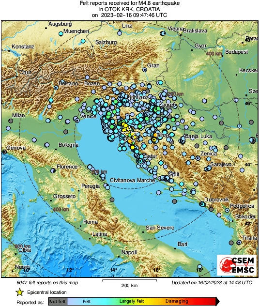 Rys. 2. Mapa prezentująca odczuwalność zjawiska o magnitudzie M4.8 z dnia 16/02/2023 r., godz. 09:47:46.2 UTC w regionie Wyspy Krk, Chorwacja (opracowanie EMSC)