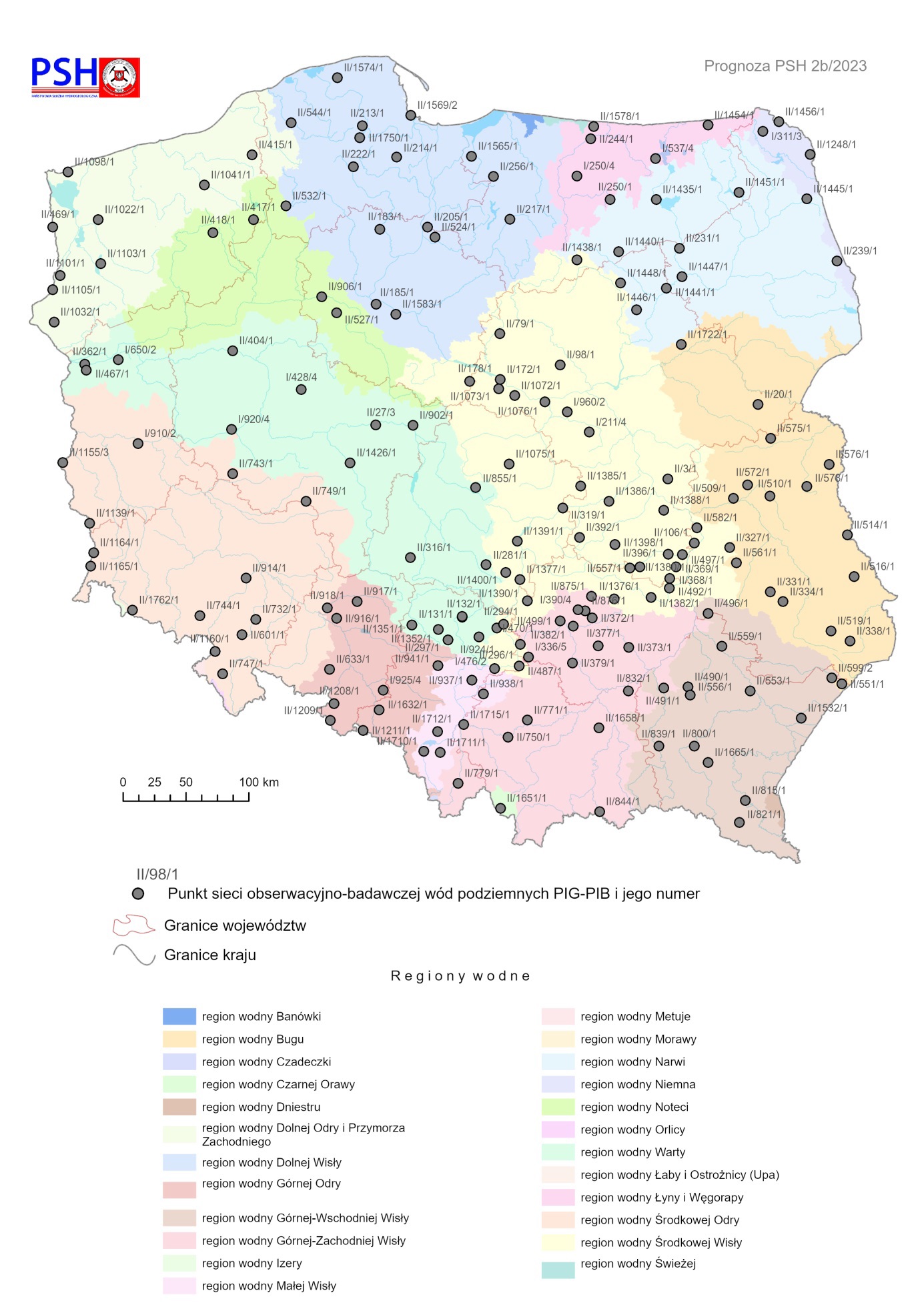 Lokalizacja punktów sieci obserwacyjno-badawczej wód podziemnych, dla których wykonano symulacje rozwoju sytuacji hydrogeologicznej