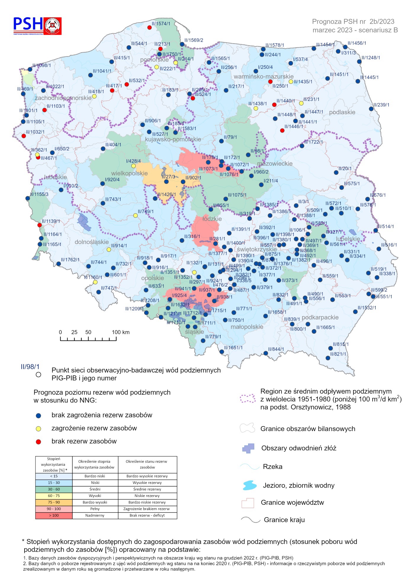 Prognoza poziomu rezerw wód podziemnych na marzec 2023 r. według scenariusza B w odniesieniu do najniższego zaobserwowanego w wieloleciu położenia zwierciadła wód (NNG)