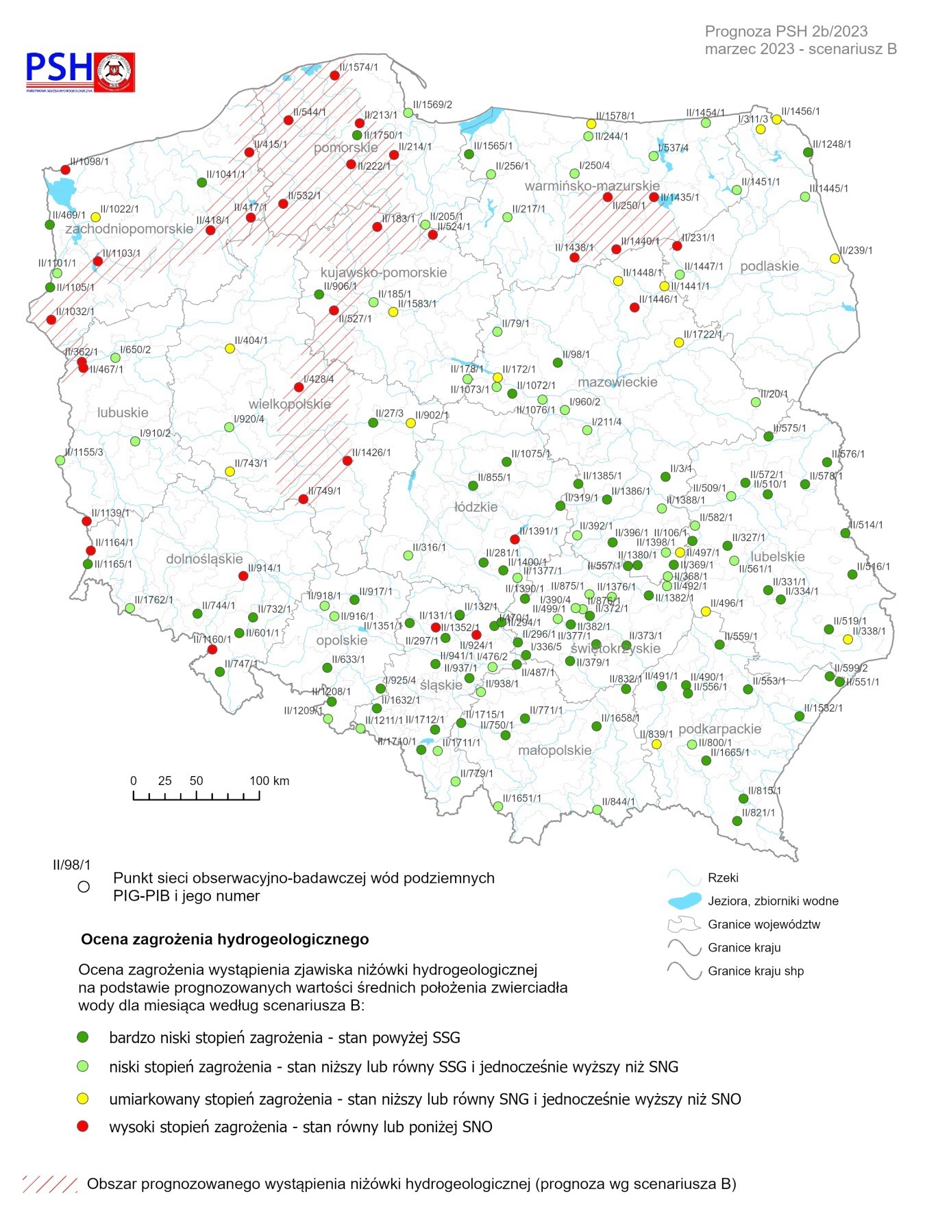 rognoza zagrożeń wód podziemnych – występowanie niżówki hydrogeologicznej w marcu 2023 r. według scenariusza B