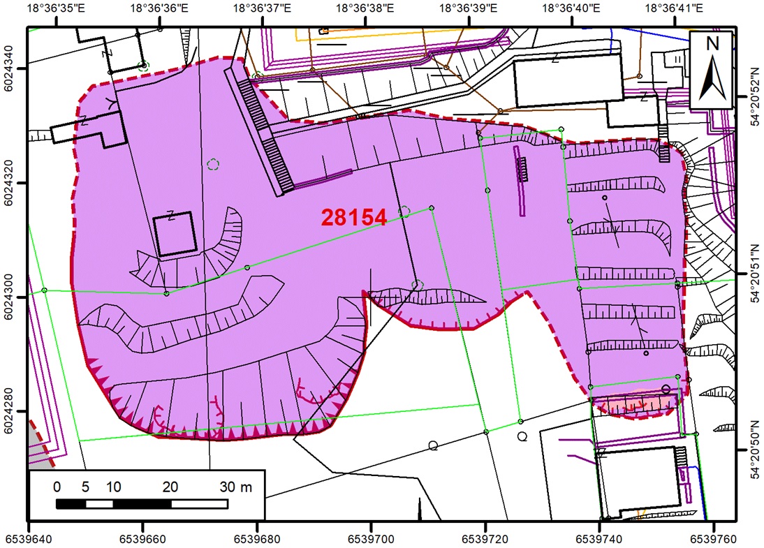 Fig. 8. Mapa sytuacyjno-wysokościowa dla osuwiska nr 28154, skala 1:1000, układ PL-2000