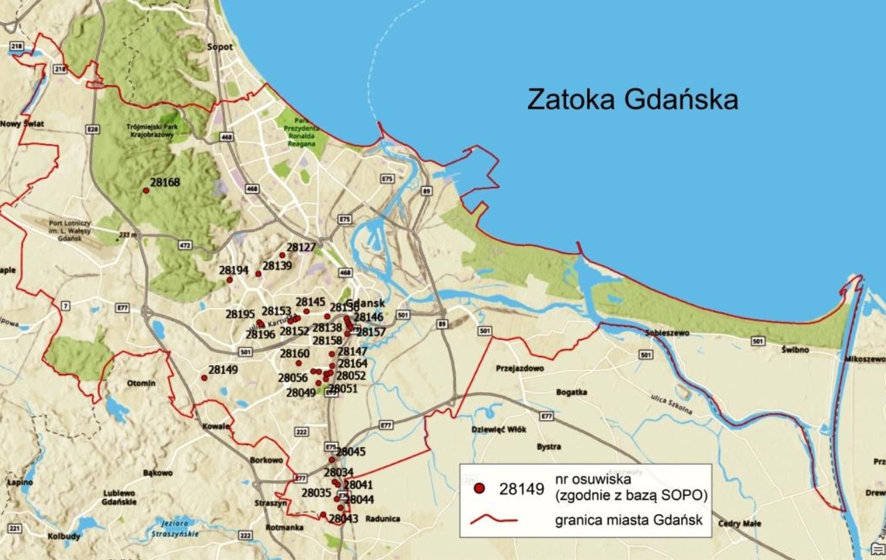 Mapa lokalizacyjna 34 osuwisk podlegających obserwacjom w Gdańsku w 2022 r.