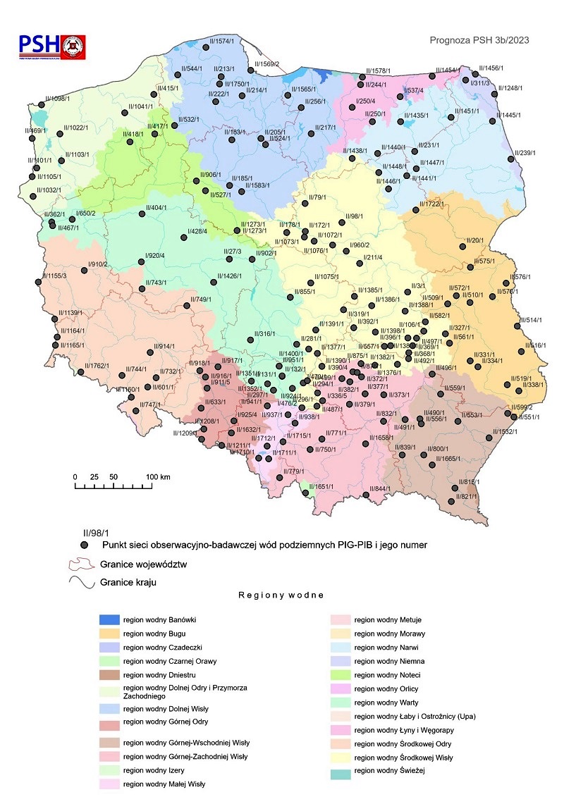 Lokalizacja punktów sieci obserwacyjno-badawczej wód podziemnych, dla których wykonano symulacje rozwoju sytuacji hydrogeologicznej