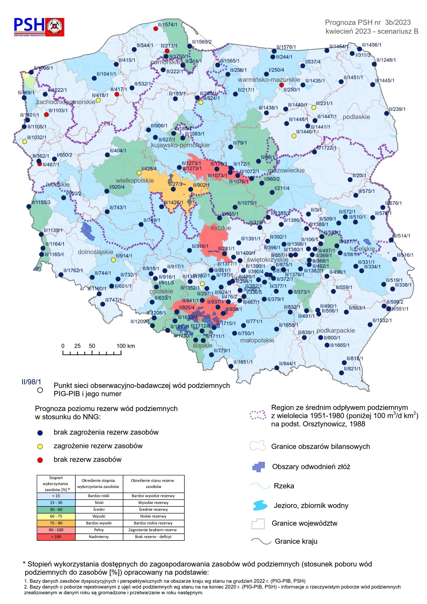 Prognoza poziomu rezerw wód podziemnych na kwiecień 2023 r. według scenariusza B w odniesieniu do najniższego zaobserwowanego w wieloleciu położenia zwierciadła wód (NNG)