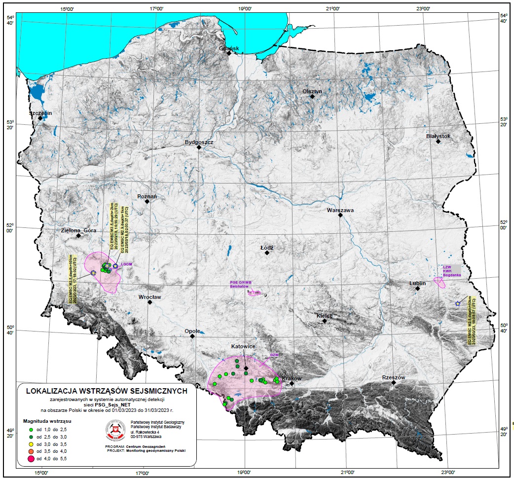 LOKALIZACJA WSTRZĄSÓW SEJSMICZNYCH zarejestrowanych w systemie automatycznej detekcji sieci PSG_Sejs_NET na obszarze Polski w okresie od 01/03/2023 do 31/03/2023 r.