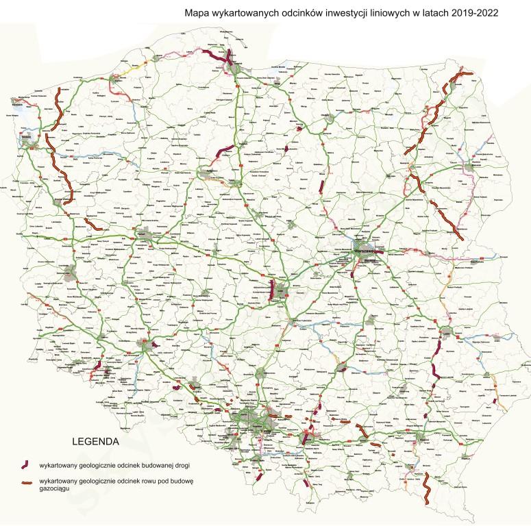 Mapa opracowanych kartograficznie odsłonięć w latach 2019-2022 na inwestycjach liniowych