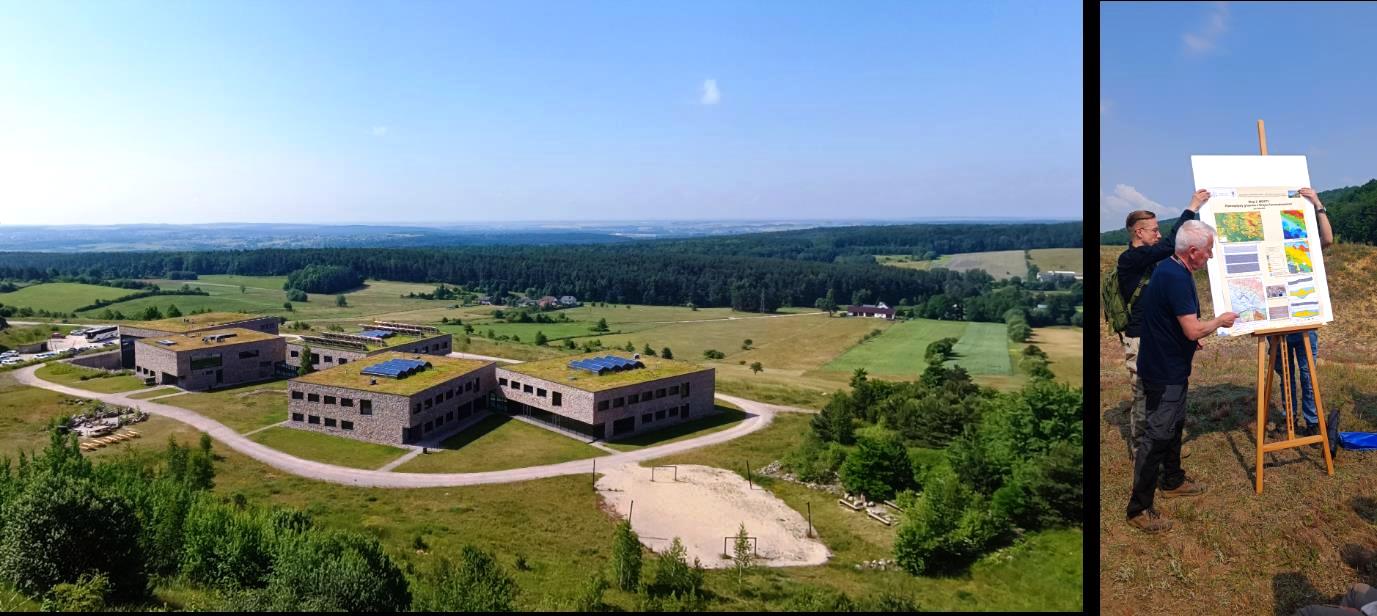 Widok z Góry Rzepki na Europejskie Centrum Edukacji Geologicznej i zalesione Grzywy Korzeczkowskie oraz organizator konferencji prof. dr hab. Jan Dzierzek podczas omawiania stanowiska w Mostach (fot. D. Sieradz)