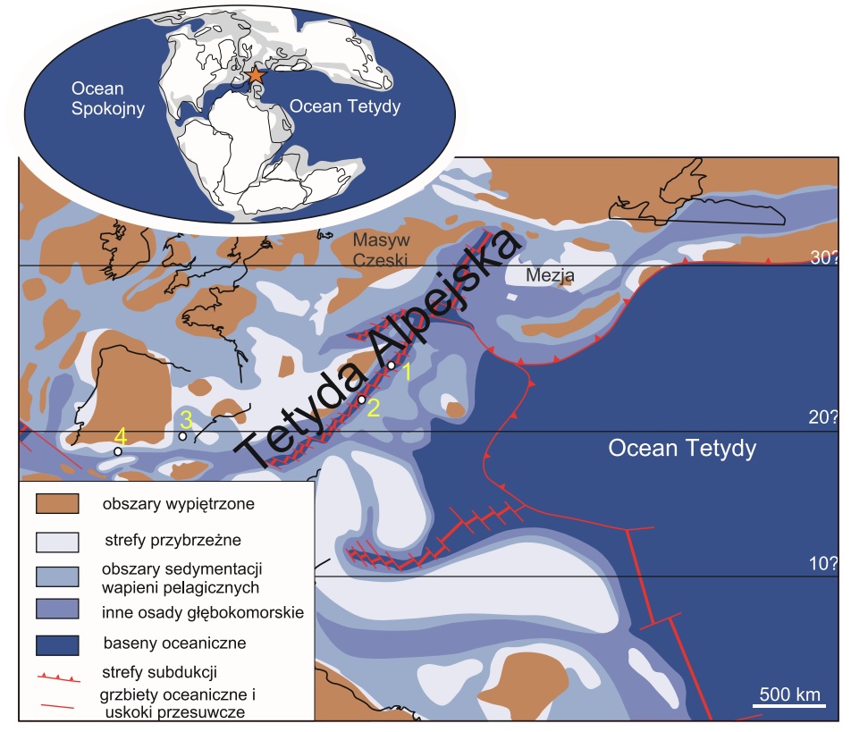 Schematyczna mapka paleogeograficzna domeny tetydzkiej na przełomie jury wczesnej i środkowej  (wg Jach i in. 2017, nieco zmodyfikowana)