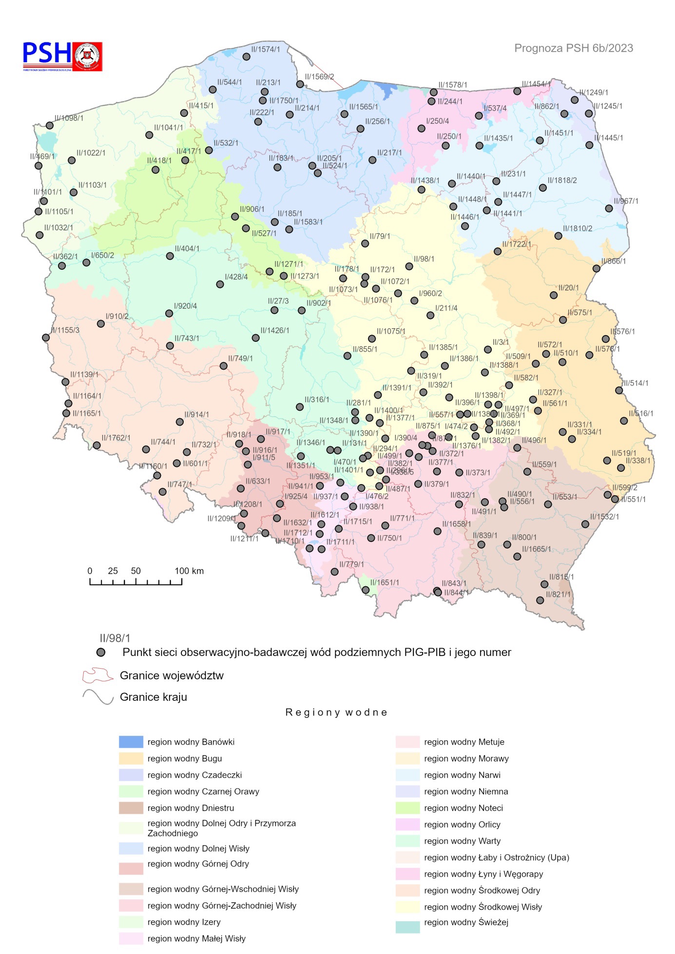 Lokalizacja punktów sieci obserwacyjno-badawczej wód podziemnych, dla których wykonano symulacje rozwoju sytuacji hydrogeologicznej