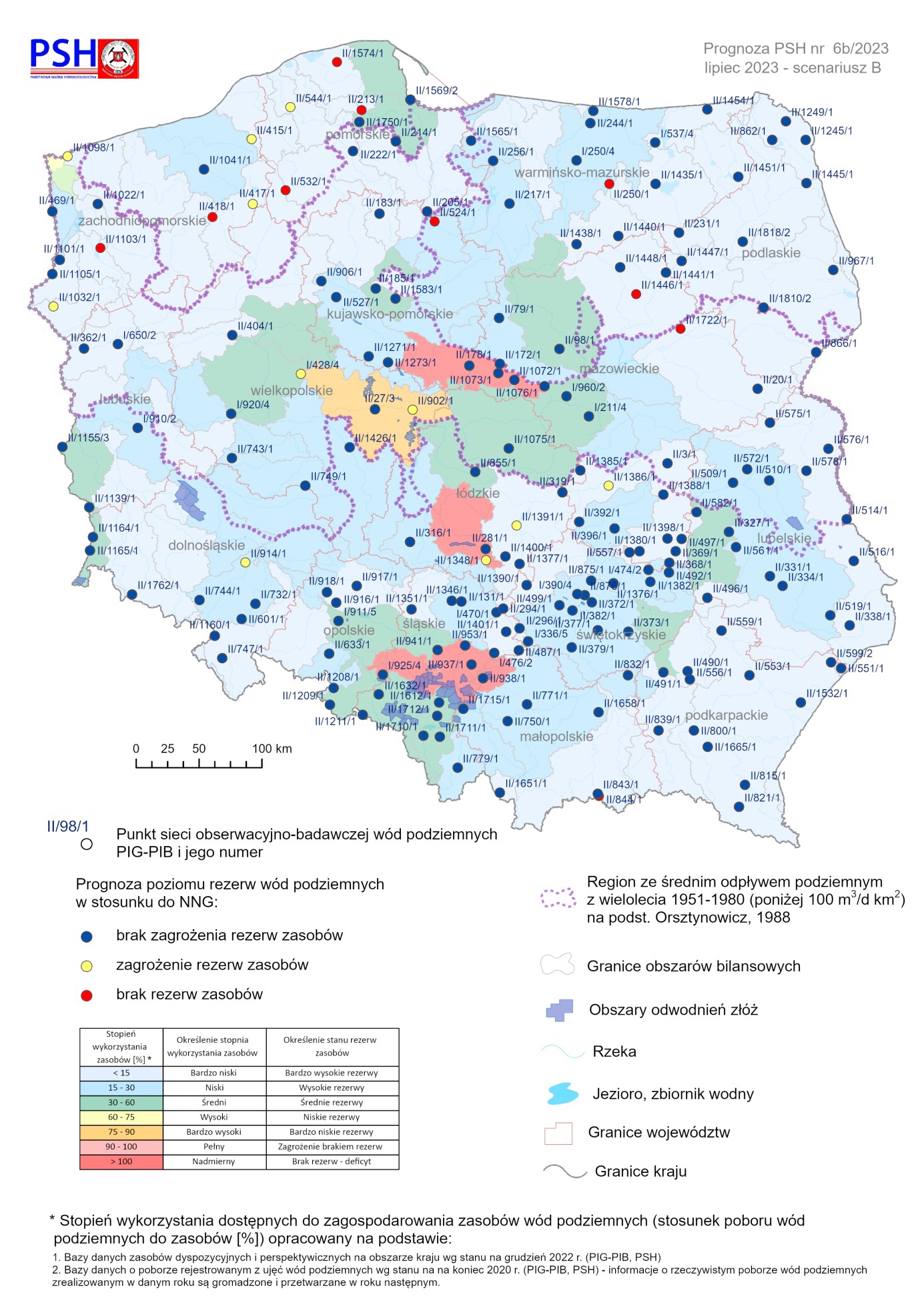 Prognoza poziomu rezerw wód podziemnych 2 lipcu 2023 r. według scenariusza B w odniesieniu do najniższego zaobserwowanego w wieloleciu położenia zwierciadła wód (NNG)