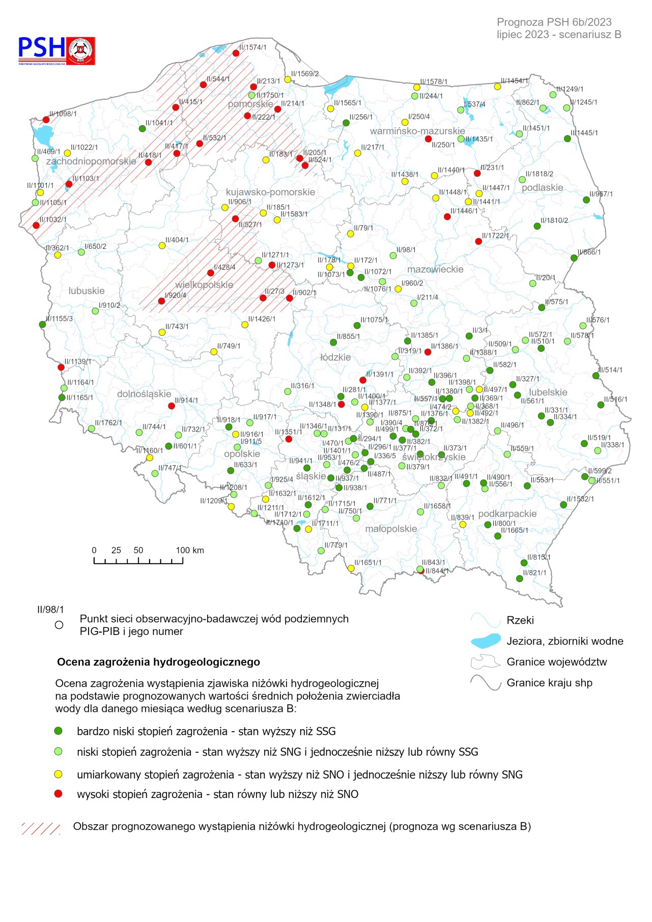 Prognoza zagrożeń wód podziemnych – występowanie niżówki hydrogeologicznej w lipcu 2023 r. według scenariusza B