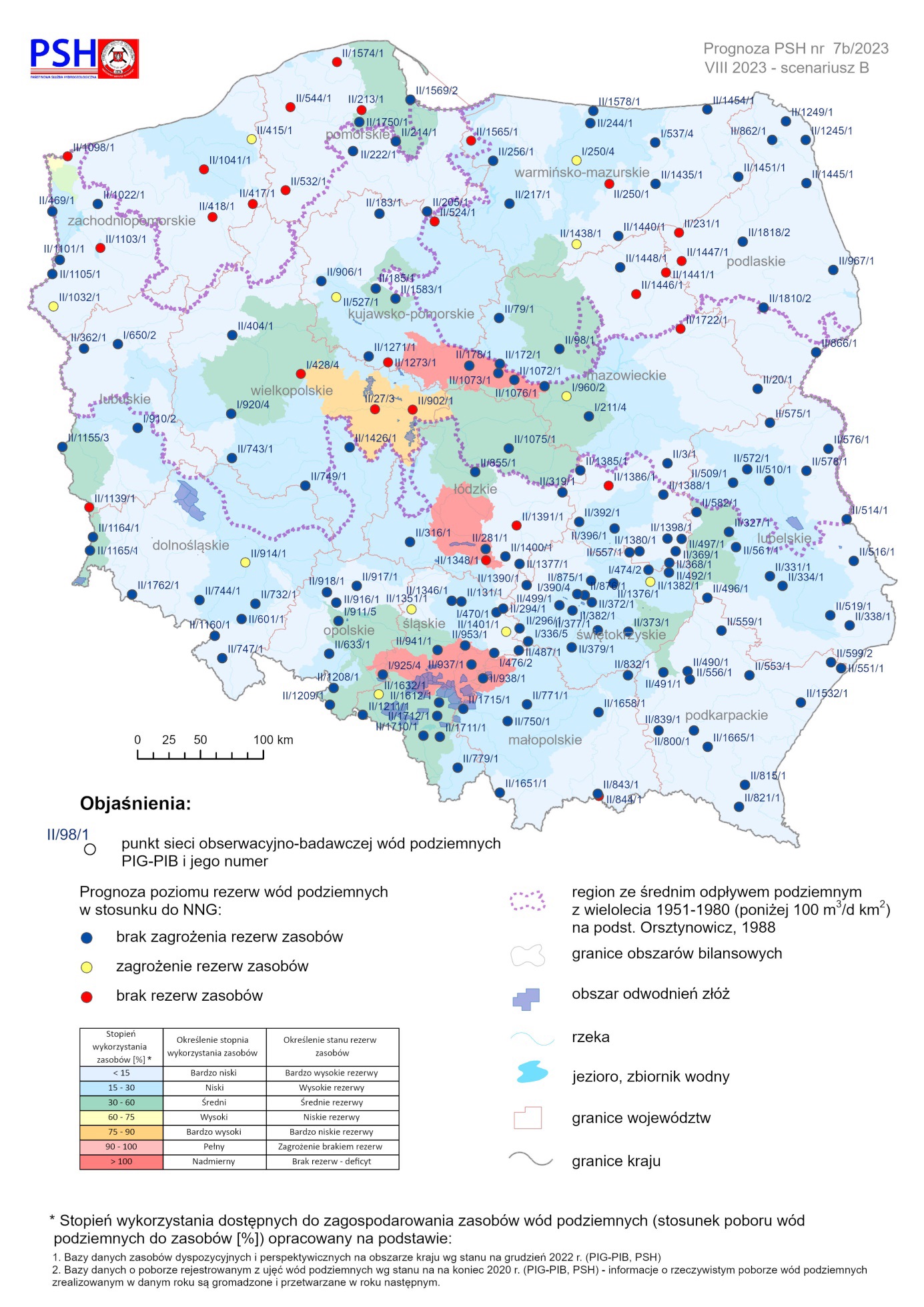 Prognoza poziomu rezerw wód podziemnych w sierpniu 2023 r. według scenariusza B w odniesieniu do najniższego zaobserwowanego w wieloleciu położenia zwierciadła wód (NNG)