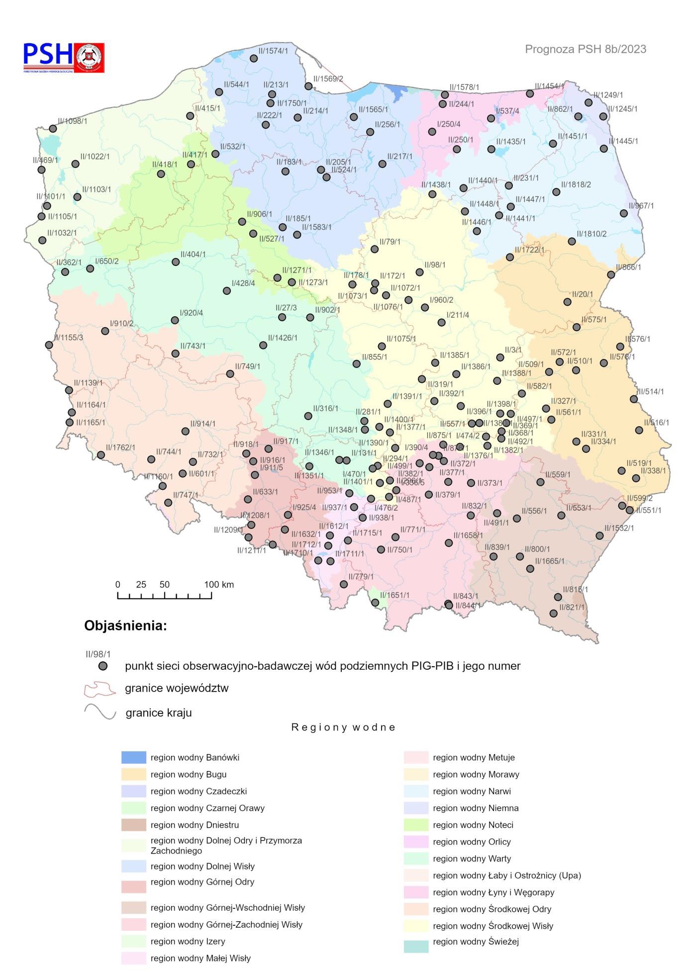 Lokalizacja punktów sieci obserwacyjno-badawczej wód podziemnych, dla których wykonano symulacje rozwoju sytuacji hydrogeologicznej