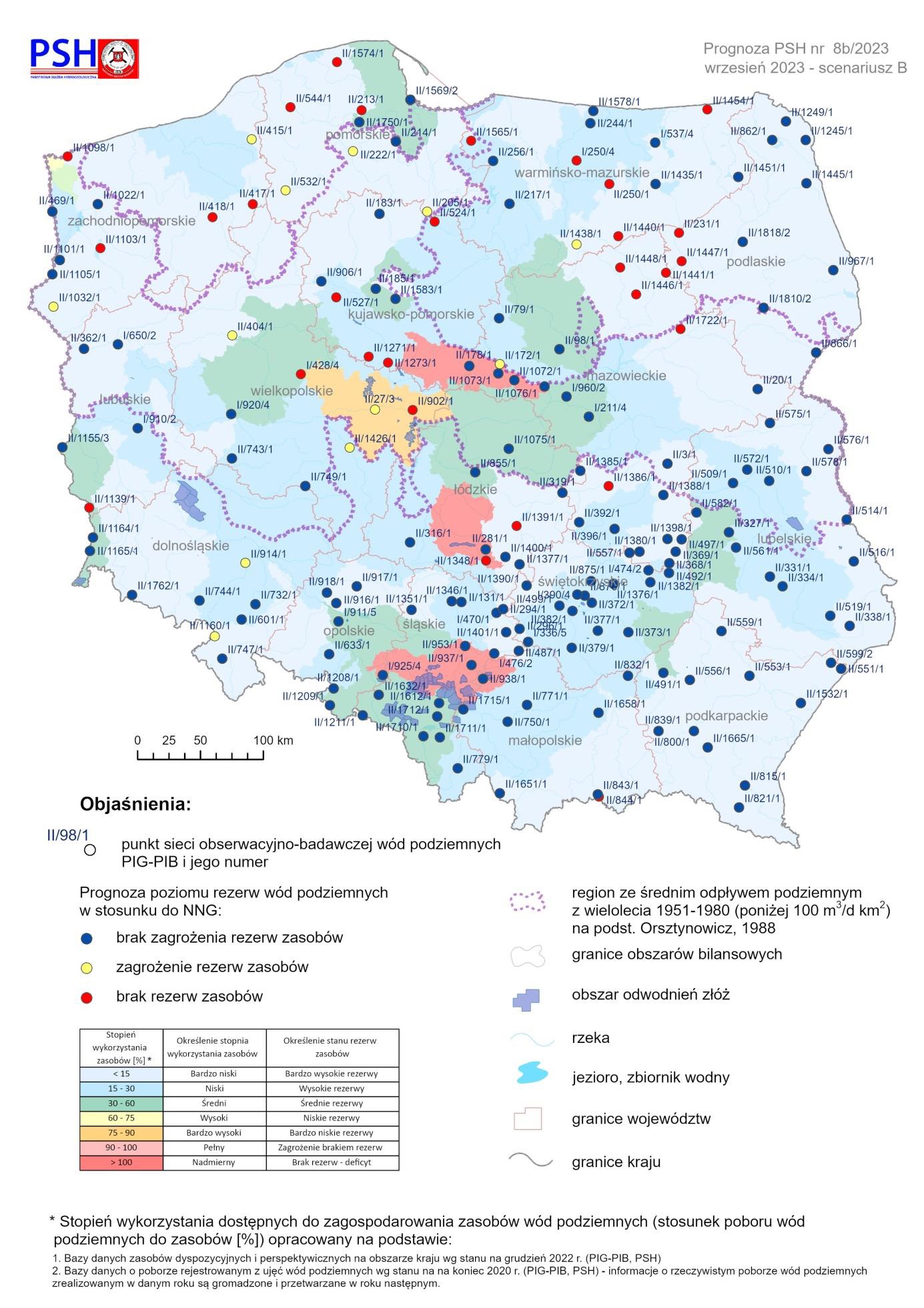 Prognoza poziomu rezerw wód podziemnych w odniesieniu do najniższego zaobserwowanego w wieloleciu położenia zwierciadła wód (NNG) na wrzesień 2023 r. według scenariusza B