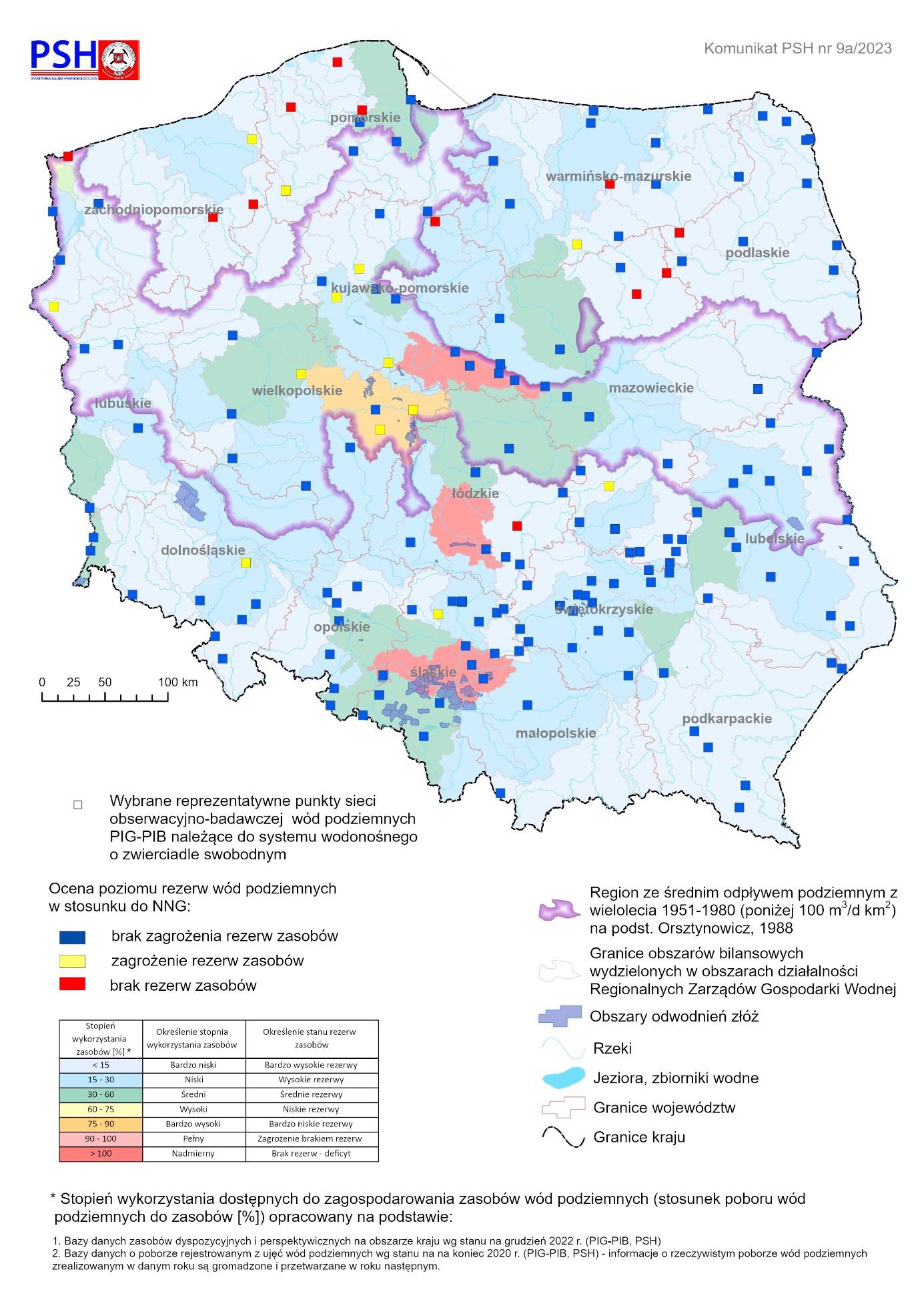 Poziom rezerw zasobów wód podziemnych w sierpniu 2023 r. w objętych analizą punktach sieci obserwacyjno-badawczej wód podziemnych