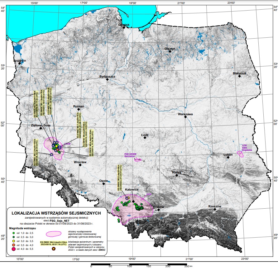 Lokalizacja epicentrów wszystkich zarejestrowanych i zweryfikowanych zdarzeń sejsmicznych