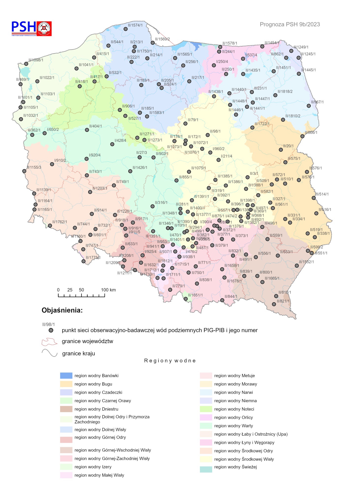 Lokalizacja punktów sieci obserwacyjno-badawczej wód podziemnych, dla których wykonano symulacje rozwoju sytuacji hydrogeologicznej