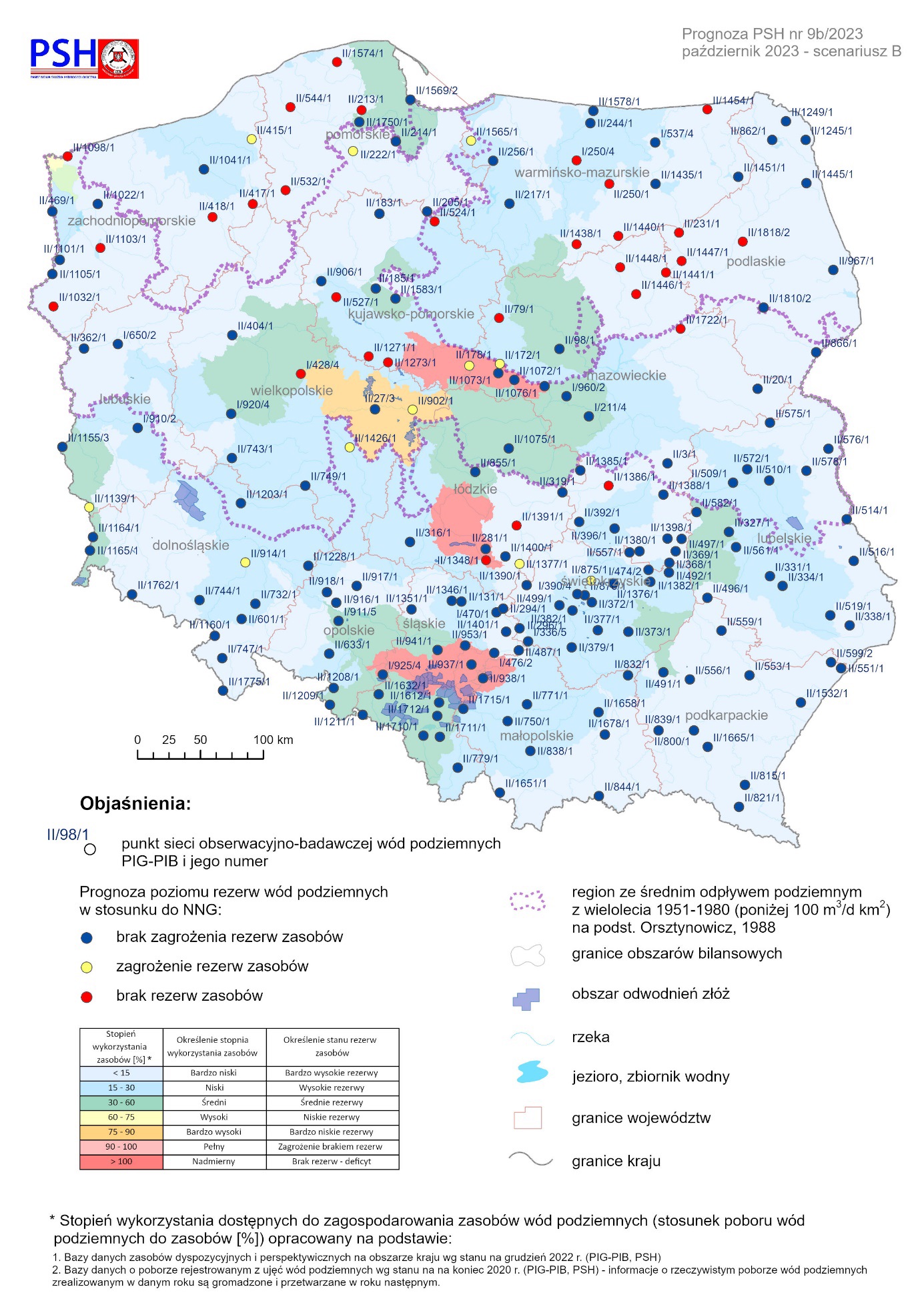 Prognoza poziomu rezerw wód podziemnych w październiku 2023 r. według scenariusza B w odniesieniu do najniższego zaobserwowanego w wieloleciu położenia zwierciadła wód (NNG)