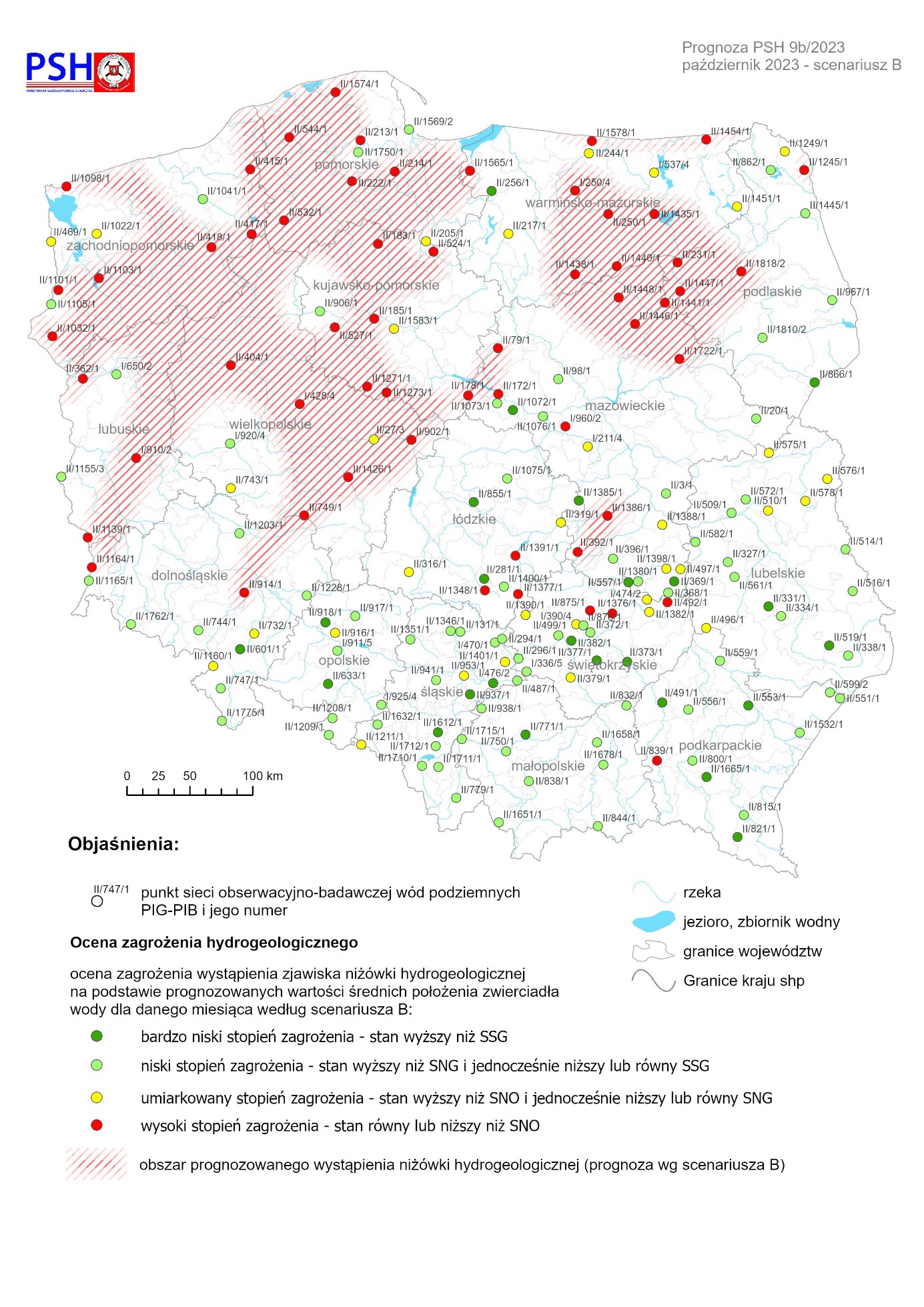 Prognoza zagrożeń wód podziemnych – występowanie niżówki hydrogeologicznej w październiku 2023 r. według scenariusza B