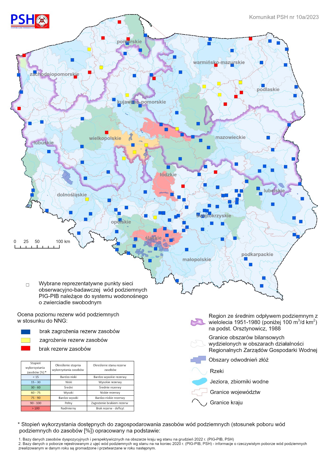 ilustracja, mapa Polski z zaznaczonym poziomem rezerw zasobów wód podziemnych we wrześniu 2023 r. w objętych analizą punktach sieci obserwacyjno-badawczej wód podziemnych