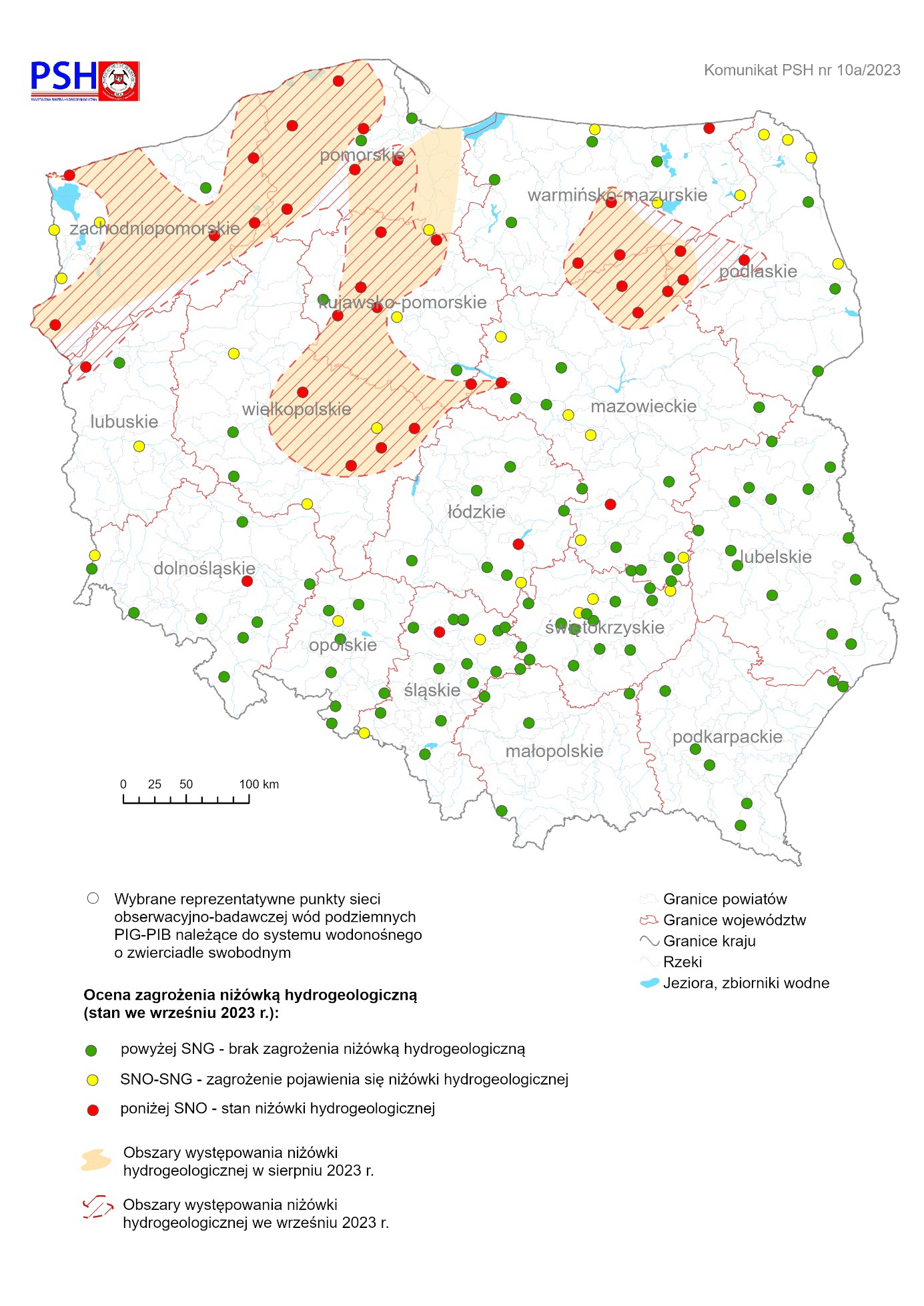 ilustracja, mapa Polski z zaznaczoną oceną zagrożenia niżówką hydrogeologiczną we wrześniu 2023 r.
