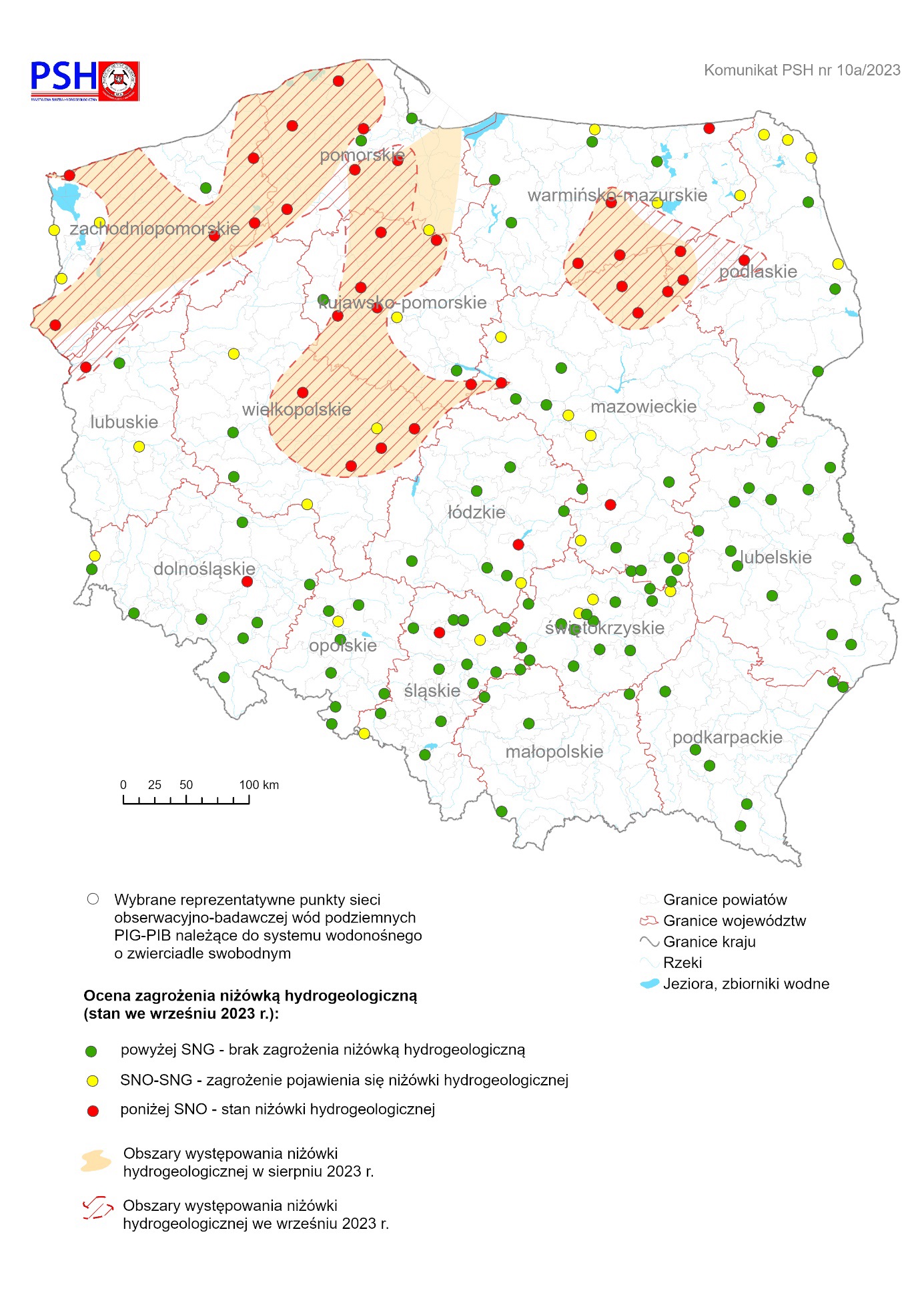 ilustracja, mapa Polski z zaznaczoną oceną zagrożenia niżówką hydrogeologiczną we wrześniu 2023 r.