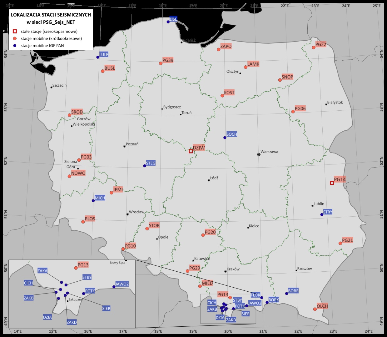 Mapa lokalizacji stacji sejsmicznych w sieci PSG_Sejs_NET (status aktualności 31/01/2024 r.).