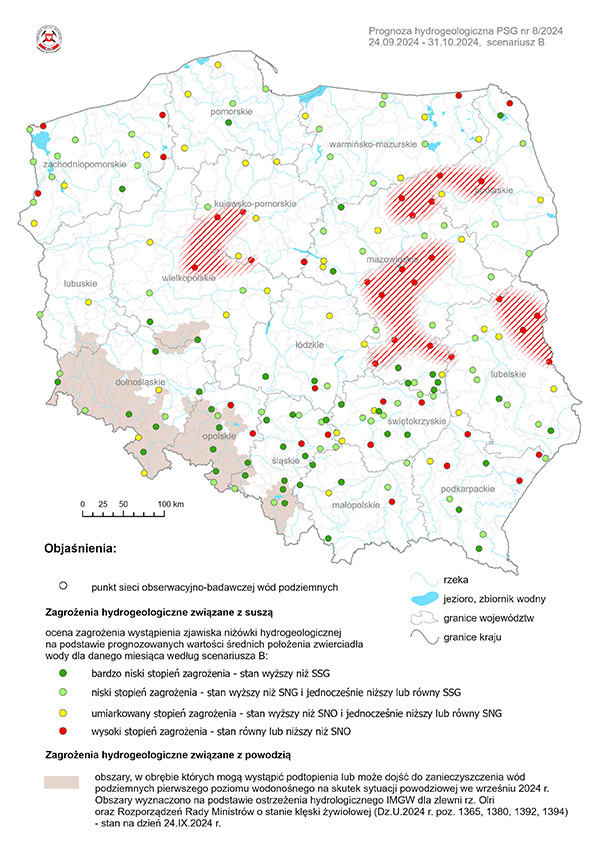 Mapa przedstawiająca prognozę zagrożeń wód podziemnych – występowanie niżówki hydrogeologicznej w okresie od 24 września do 31 października 2024 r. według scenariusza B