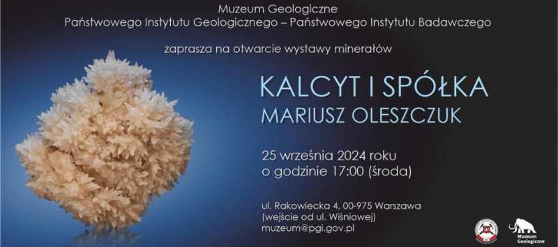 Plakat w kolorze niebieskim z napisem "kalcyt i spółka"