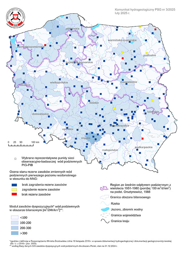 Mapa przestawiająca poziom rezerw zasobów wód podziemnych w lutym 2025 r. w objętych analizą punktach sieci obserwacyjno-badawczej wód podziemnych