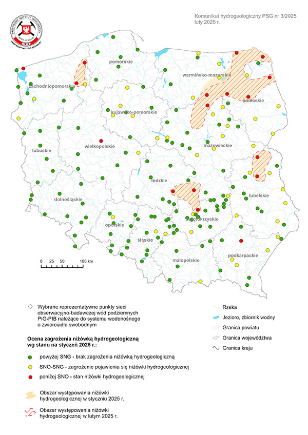 Mapa przedstawiająca ocenę zagrożenia niżówką hydrogeologiczną w lutym 2025 r.