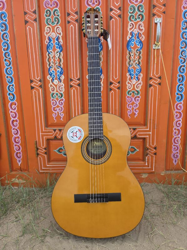 gitara na tle pomalowanych we wzory drzwi