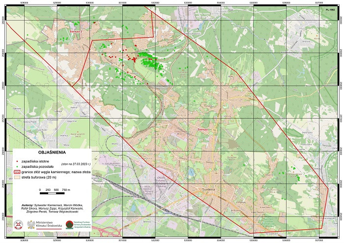 Mapa lokalizacji zapadlisk w obrębie obszaru górniczego KWK „Siersza” (stan na 27.03.2023 r.) – czerwonym kolorem zaznaczono zapadliska istotne, tj. znajdujące się w buforze 20 m od terenów zabudowanych, głównych dróg oraz linii kolejowej