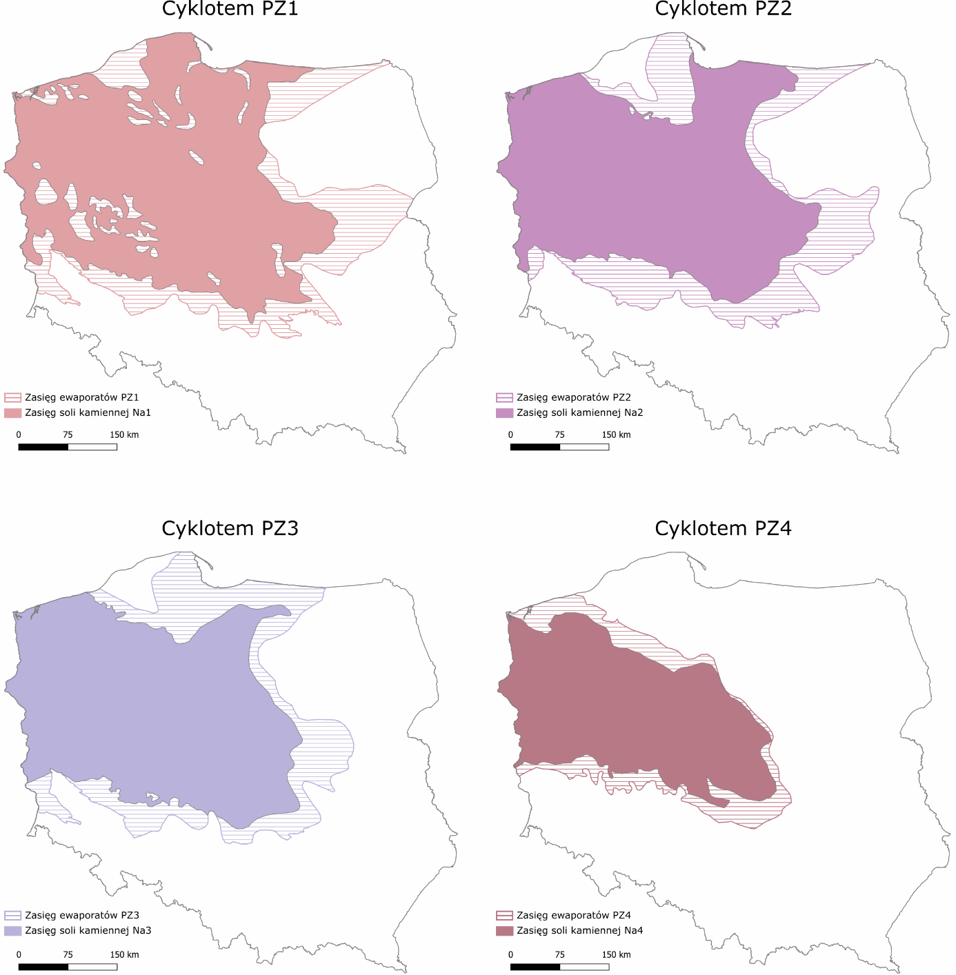 Zasięg poszczególnych cyklotemów cechsztynu.