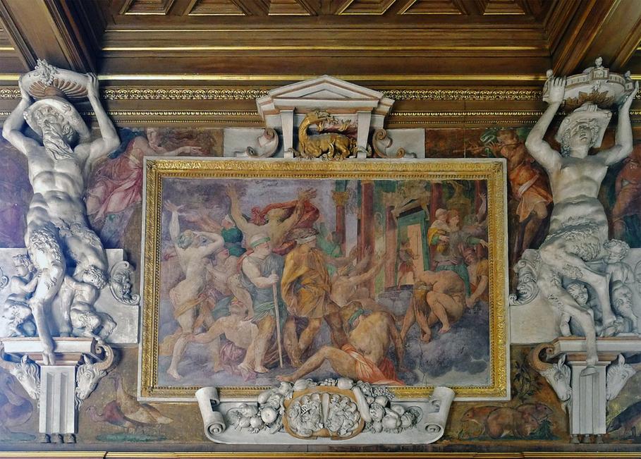 Przykład wykorzystania gipsu jako materiału do tworzenia dekoracji architektonicznych. Pałac Fontainebleau, Francja, XVI wiek.
