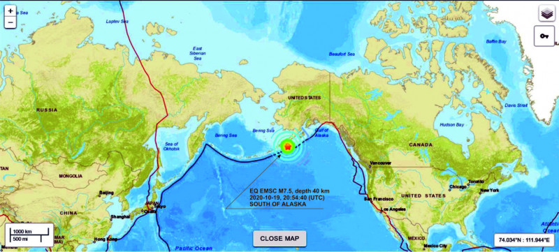 Lokalizacja epicentrum trzęsienia ziemi zarejestrowanego w regionie Południowej Alaski 19.10.2020 r. o godz. 20:54:40.7 UTC (mapa bazowa USGS: https://earthquake.usgs.gov )