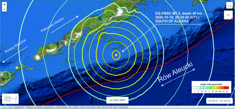 Lokalizacja epicentrum trzęsienia ziemi z 19 października 2020 r., godz. 20:54:40.7 (UTC) (oprac. PSG, mapa bazowa USGS: https://earthquake.usgs.gov )