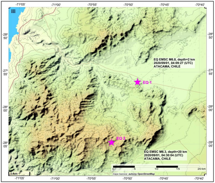Lokalizacja epicentrów zjawisk sejsmicznych o magnitudach M6.8 i M6.3 z dnia 1 września 2020 r. godz. 04:09:27.8 oraz 04:30:04.5 (UTC) zarejestrowanych w regionie Atacama, Chile (oprac. PSG, mapa bazowa – autorzy OpenStreetMap, dane – EMSC)