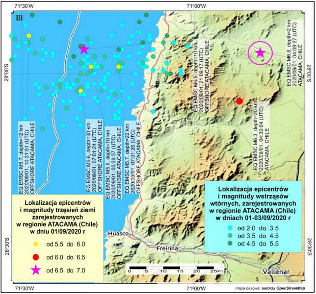 Lokalizacja epicentrum zjawiska sejsmicznego z 1 września 2020 r. godz. 04:09:27.8 (UTC) zarejestrowanego w regionie Atacama (Chile) wraz z lokalizacją epicentrów wstrząsów następczych, zarejestrowanych w okresie 1-3 września 2020 r. Etykietami opatrzono lokalizację wstrząsów o magnitudach M5.5+ (oprac. PSG, mapa bazowa – autorzy OpenStreetMap, dane – EMSC)