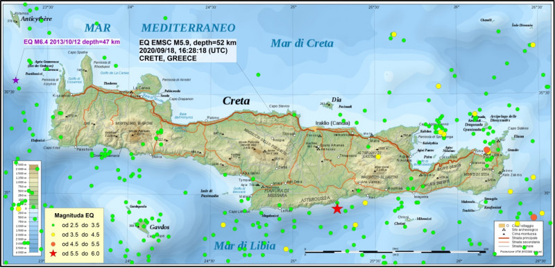 Lokalizacja epicentrów trzęsień ziemi zarejestrowanych w regionie Krety w okresie od 1 stycznia do 20 września 2020 r. (oprac. PSG na podstawie danych EMSC, mapa bazowa: https://www.worldofmaps.net)