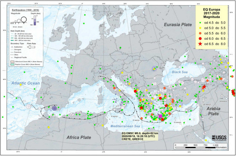 Szkic sejsmotektoniczny Europy wraz z basenem Morza Śródziemnego z lokalizacją epicentrów trzęsień ziemi o magnitudach M4.5+ z okresu od 1900 do 2020 r. (oprac. PSG w oparciu o dane EMSC z okresu 2017–2020, mapa bazowa USGS – zdarzenia z okresu 1900–2016). Na mapie wyróżniono lokalizację epicentrum trzęsienia ziemi o magnitudzie M5.9 z regionu Krety z 18 września 2020 r., godz. 16:28:18.3 UTC
