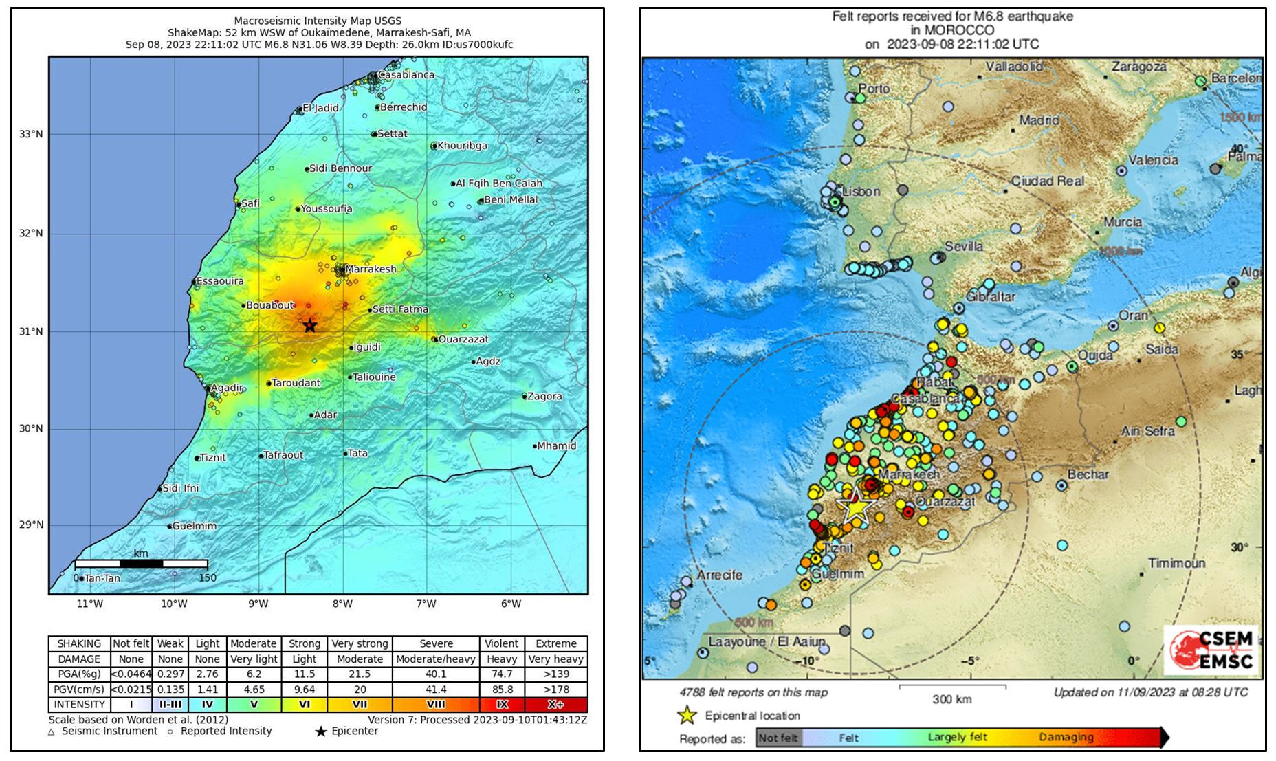 Mapy intensywności wstrząsów wywołanych trzęsieniem ziemi o magnitudzie M6.8 z 8 września 2023 r., godz. 22:11:02.2 w Maroku (lewy: USGS, prawy: EMSC)