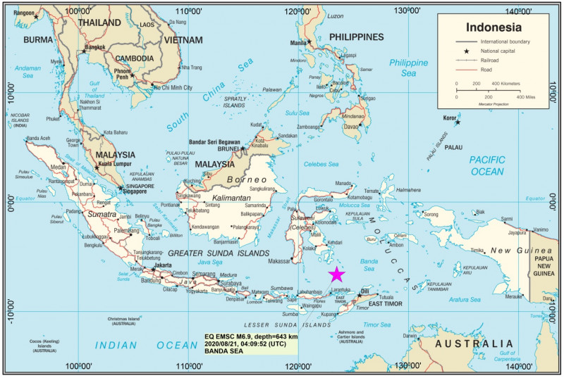 Mapa administracyjna Archipelagu Malajskiego z lokalizacją epicentrum trzęsienia ziemi z 21 sierpnia 2020 r. godz. 04:09:52 UTC (mapa bazowa CIA, modyfikacja PSG)