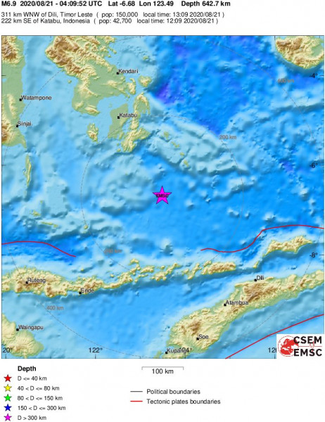 Lokalizacja trzęsienia ziemi z 21 sierpnia 2020 r., godz. 04:09:52.4 UTC w rejonie Morza Banda ( oprac. EMSC)